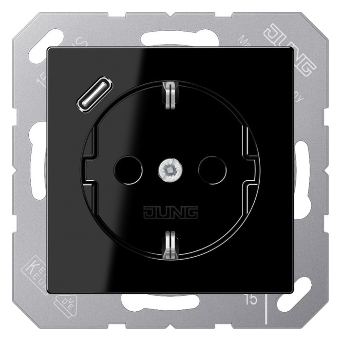 Розетка с USB Jung A 500, скрытый монтаж, с заземлением, черный, A1520-18CSW