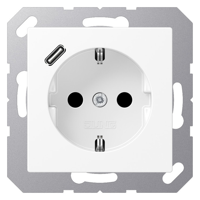 Розетка с USB Jung A 500, скрытый монтаж, с заземлением, белый матовый, A1520-18CWWM